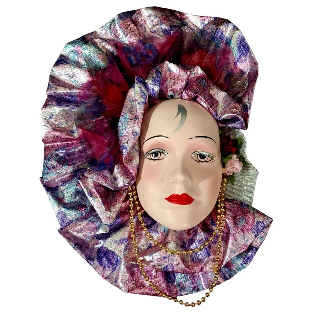 Vintage Art Nouveau Clay Mask Face Purple Brocade Woman  Lady Mask Wall Hanging